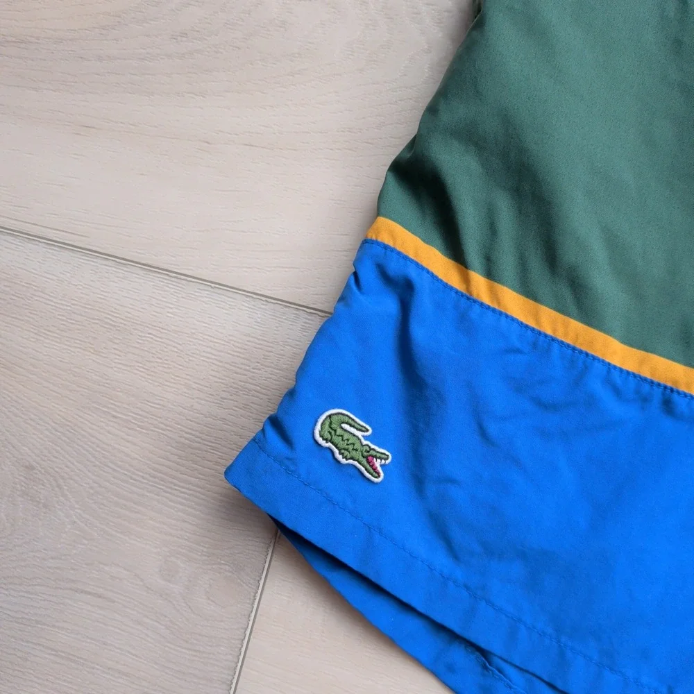 Lacoste Swim Trunks Mens L Mesh Lined Colorblock Yellow Green Blue Stripe MH2764